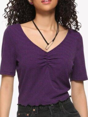 Hot Topic Black & Purple Striped Ribbed Lettuce-Edge Top - 2X